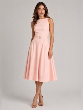 Luly K Vintage Pink Belted Fit & Flare Midi Dress Boat Neck Wedding Guest